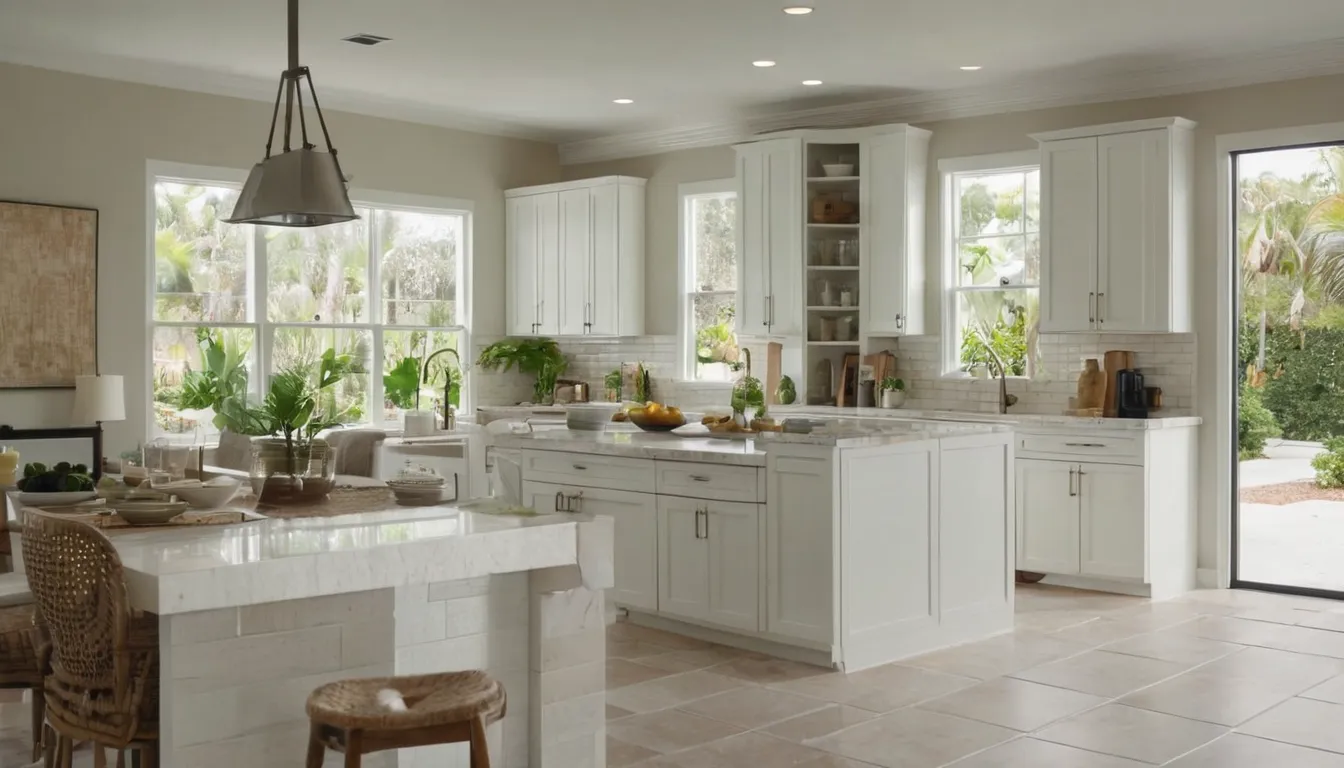 Bright, newly remodeled kitchen in a the Miami area home with white cabinets and stone counters